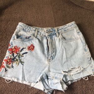 Topshop Embroidered Mom jean shorts